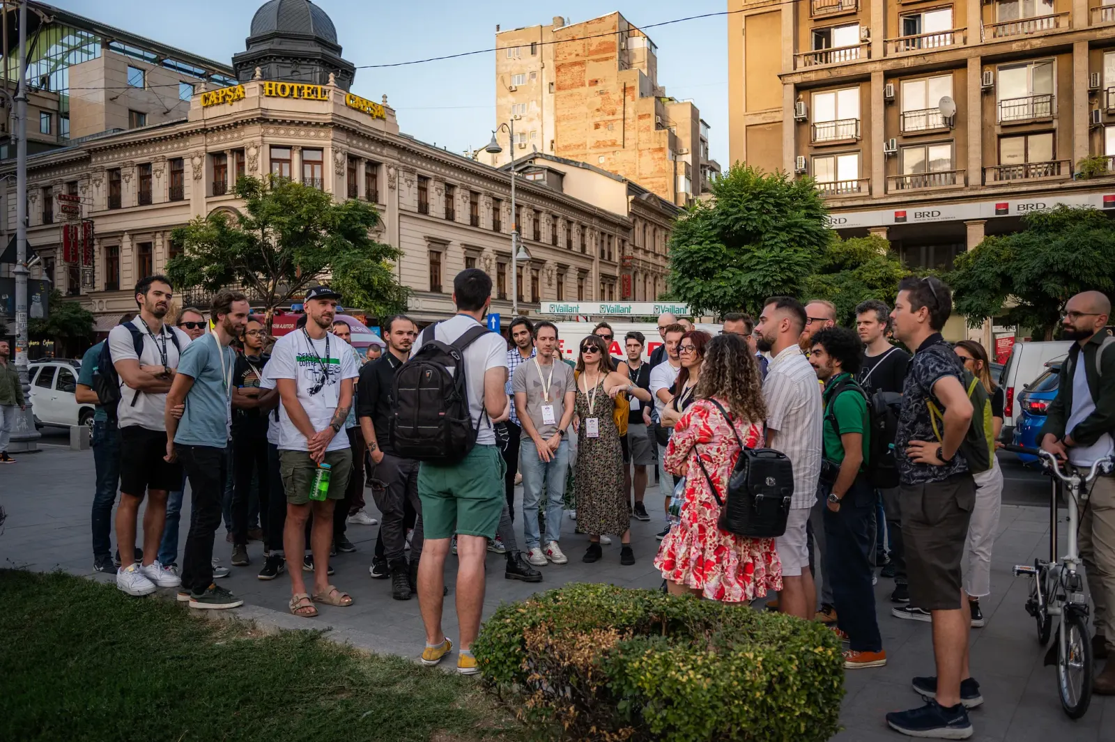 Friendly.rb 2023 attendees gathered in central Bucharest during the walking tour