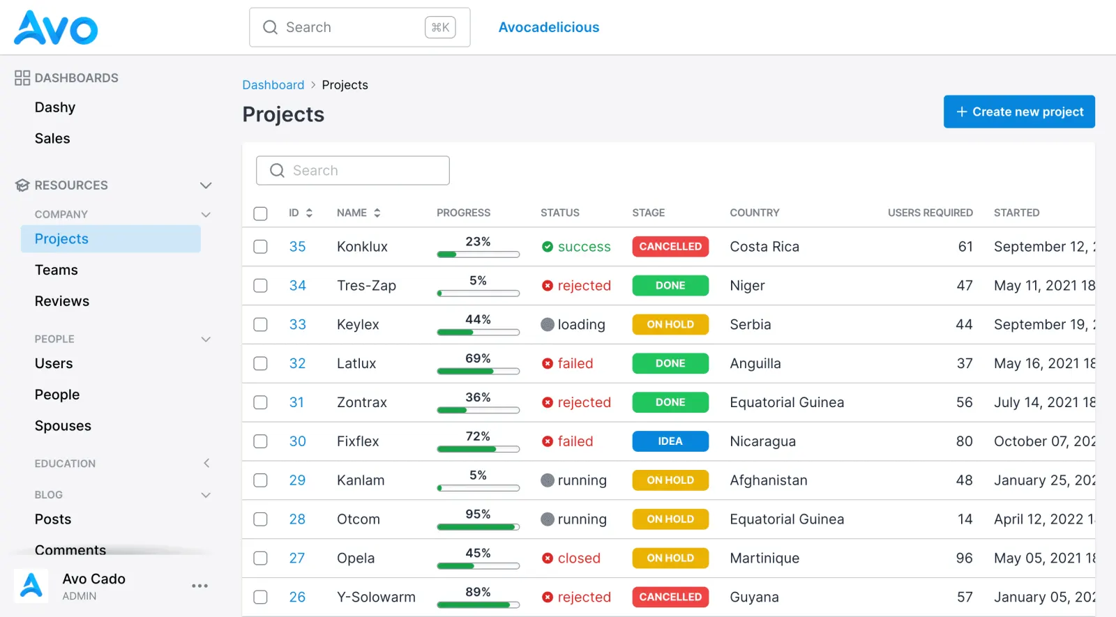 The Avo admin panel showing a projects table