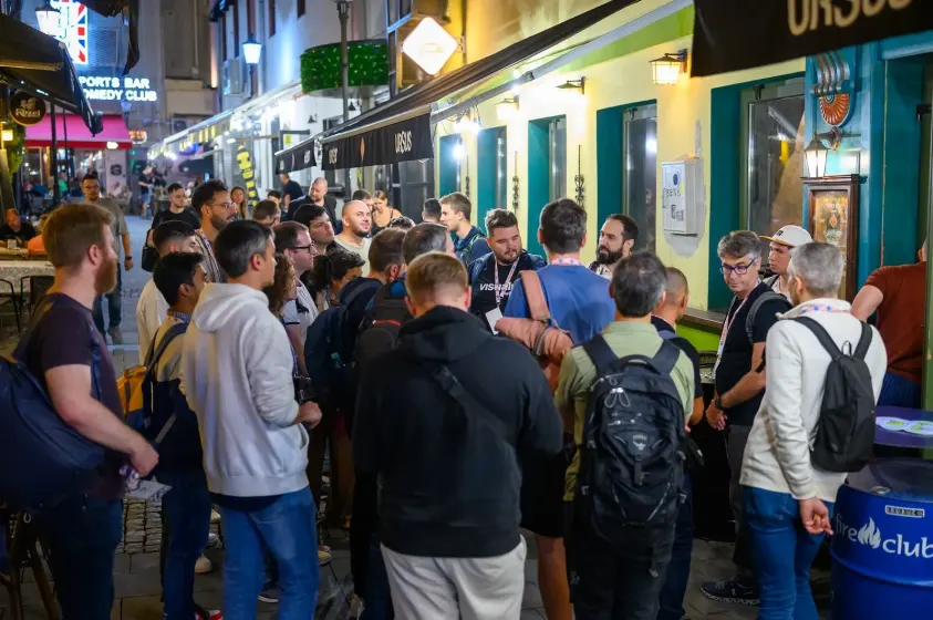 Attendees gathered in Bucharest old town during the guided walking tour